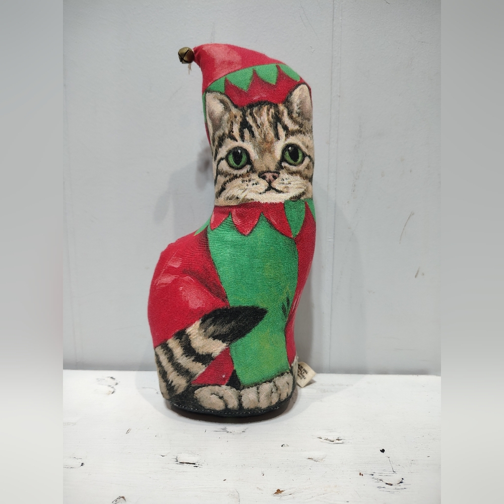 Vintage Adeline Halvorson‎ Christmas Cat Elf Cat Weighted Fabric Doorstop